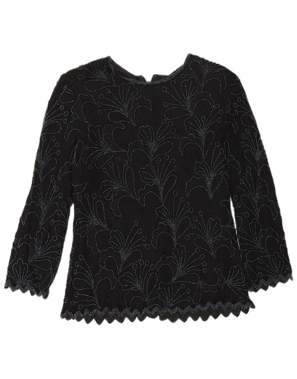 Vintage mujer manga larga blusa regular Top Reino Unido 8 pequeña seda floral negra
