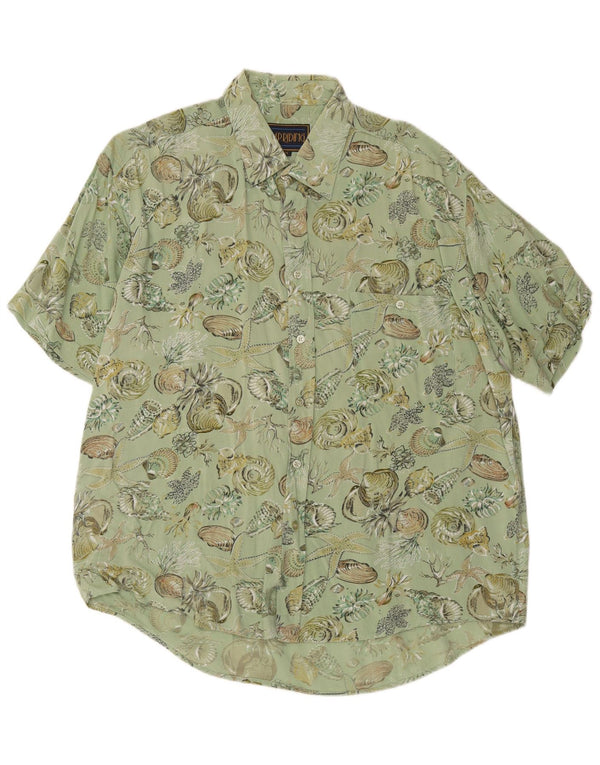 Vintage hombres camisa de manga corta medio verde floral viscosa festival