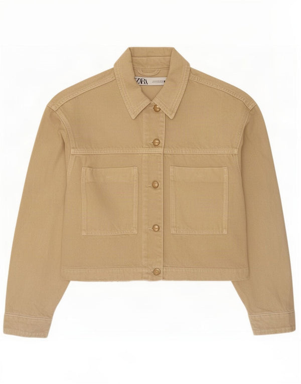 Zara Mujer Crop Denim Chaqueta UK 44 Medio Beige