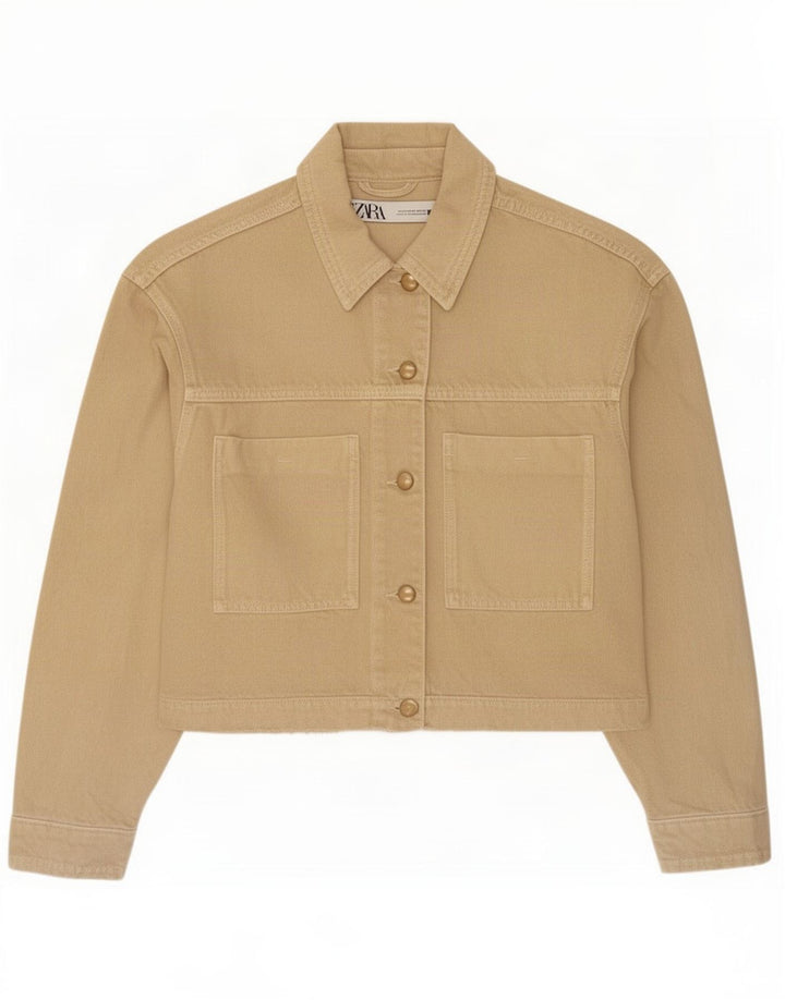 Zara Mujer Crop Denim Chaqueta UK 44 Medio Beige