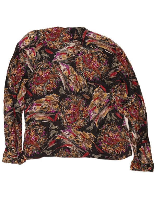 VINTAGE Mujer Crop Shirt Blusa Reino Unido 14 Grande Negro Floral