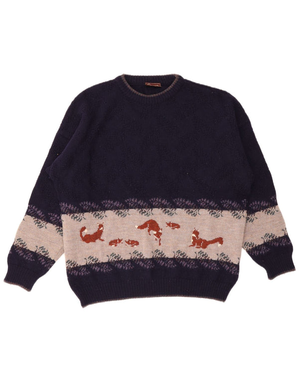 Vintage hombres gráfico cuello redondo jersey suéter XL púrpura colorblock lana