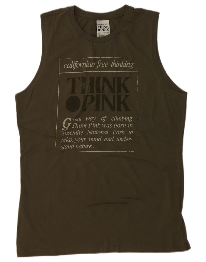 THINK PINK Camiseta sin mangas estampada para hombre de algodón caqui grande