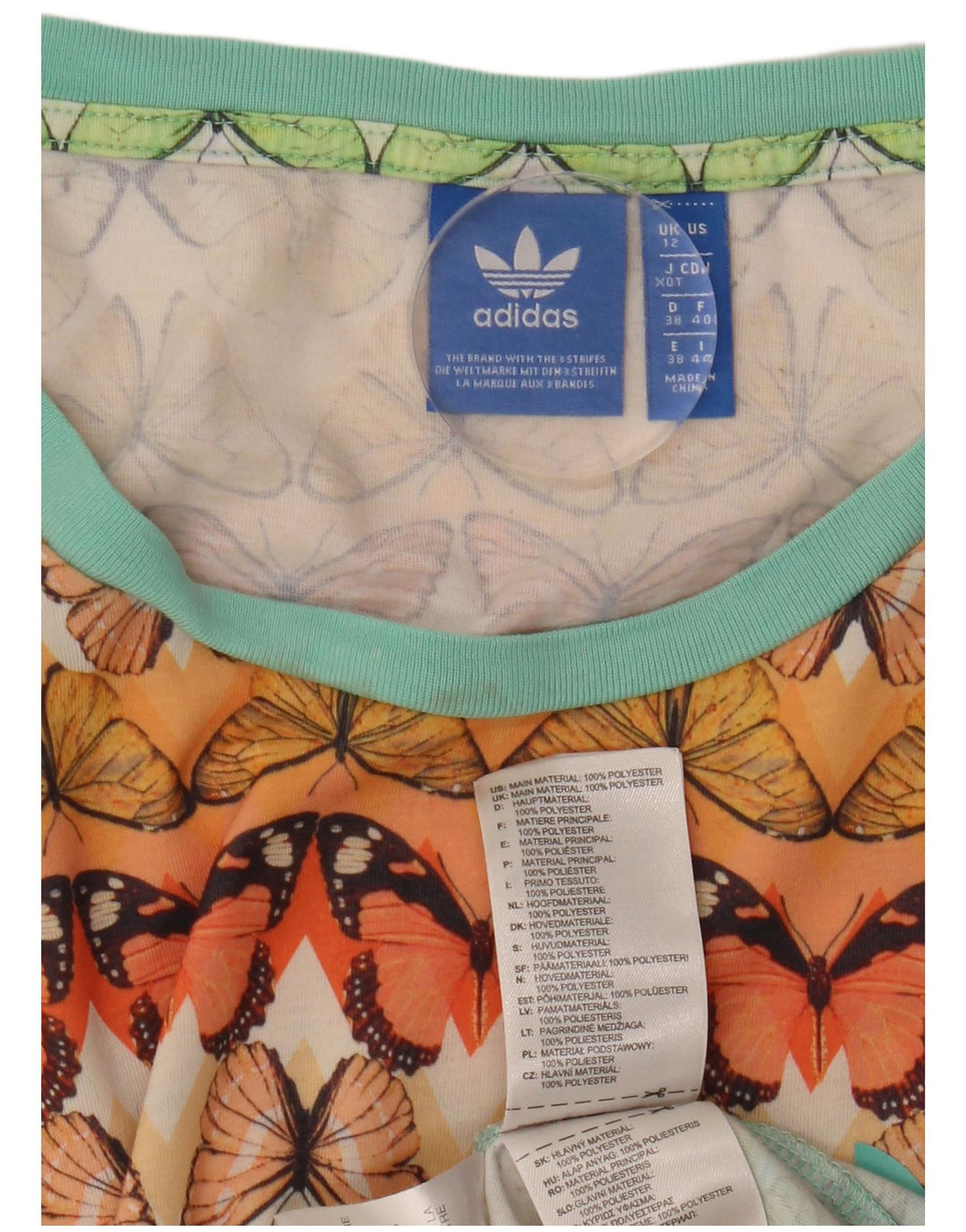 ADIDAS Camiseta gráfica para mujer Top UK 12 Medium Multicolor Butterfly
