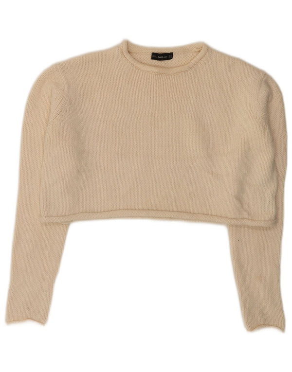 Zara Mujer Crop Crew Neck Jumper Sweater UK 10 Small Off White Acrílico
