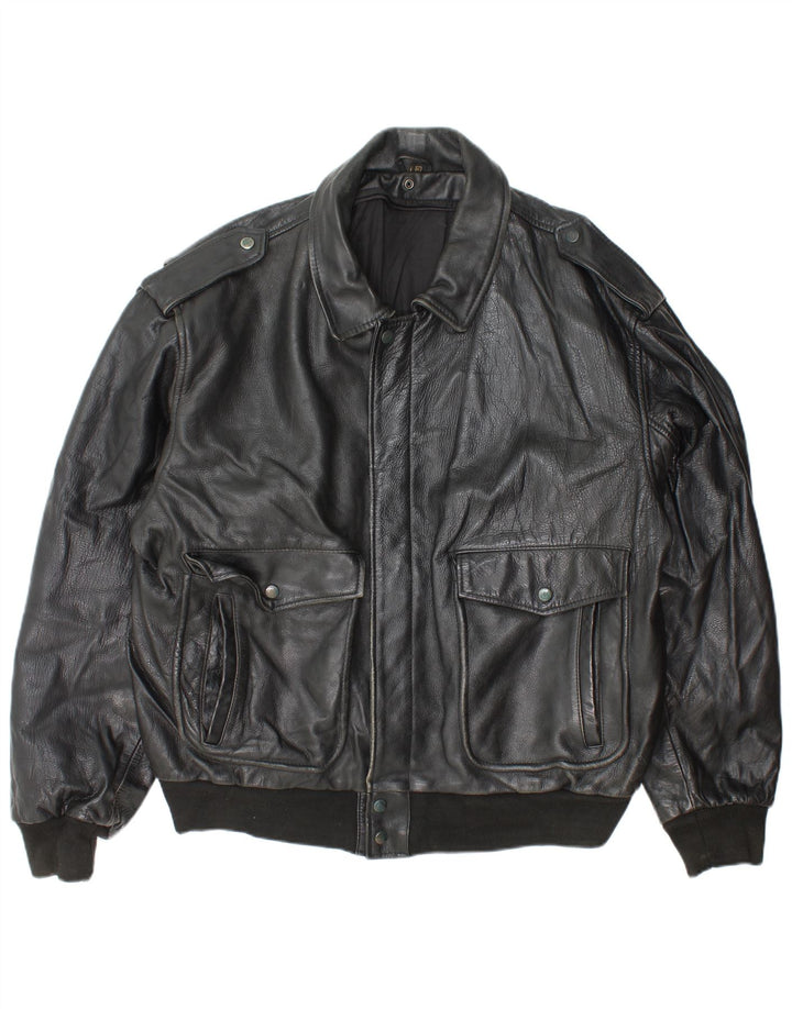 Vintage hombres chaqueta de cuero militar Reino Unido 42 XL cuero negro