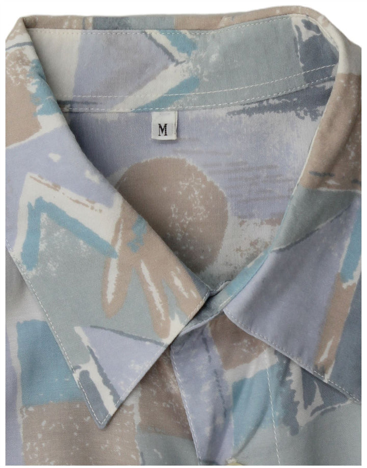 VINTAGE Camisa de manga corta para hombre azul medio geométrico