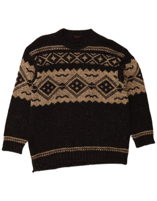 Vintage hombres cuello redondo jersey suéter grande gris feria isla lana
