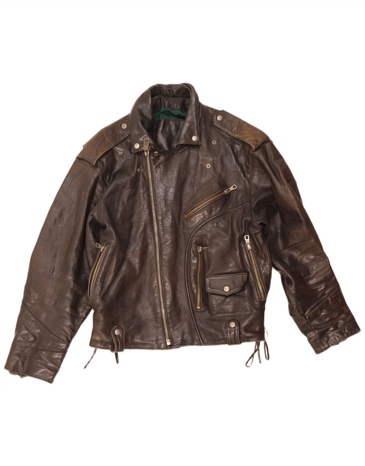 Vintage hombres cuero biker chaqueta Reino Unido 38 cuero marrón medio