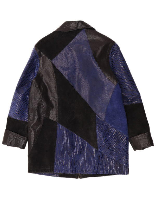 Vintage mujer ante abrigo Reino Unido 12 medio azul colorblock cuero