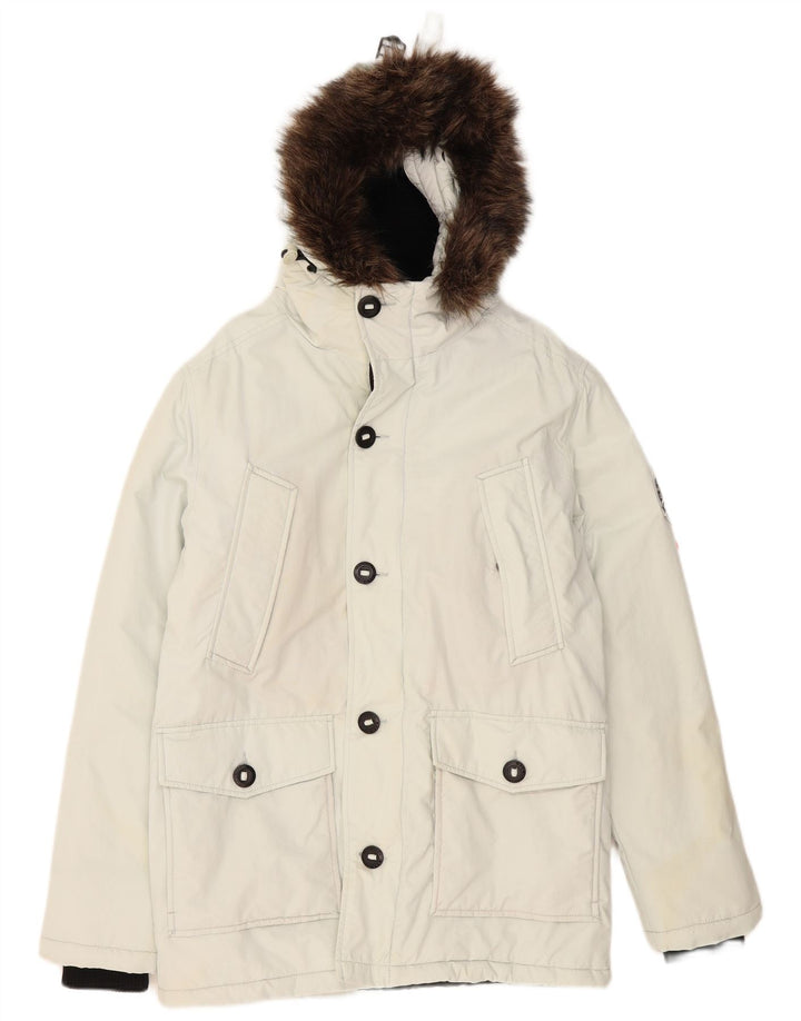 Superdry Parka con capucha para hombre, talla 36, poliéster blanco pequeño