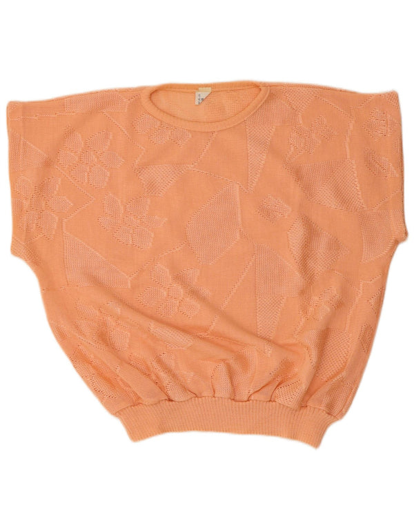 Vintage mujer manga corta cuello redondo jersey suéter IT 50 XL naranja floral