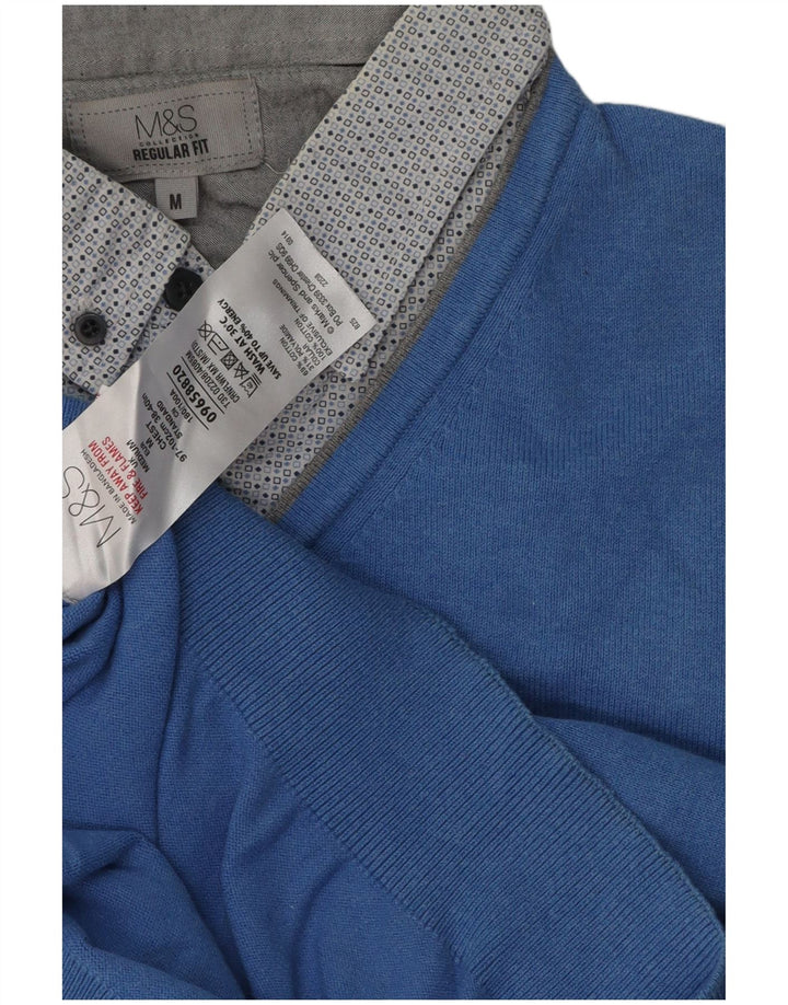 Marks & Spencer Jersey con cuello tipo polo para hombre, color azul medio, clásico