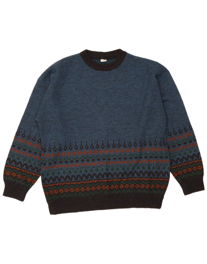 Vintage hombres cuello redondo jersey suéter azul medio Fair Isle