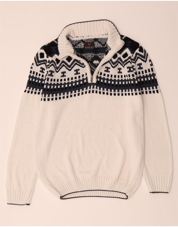 Vintage hombres zip cuello jumper suéter grande blanco geométrico poliacrílico