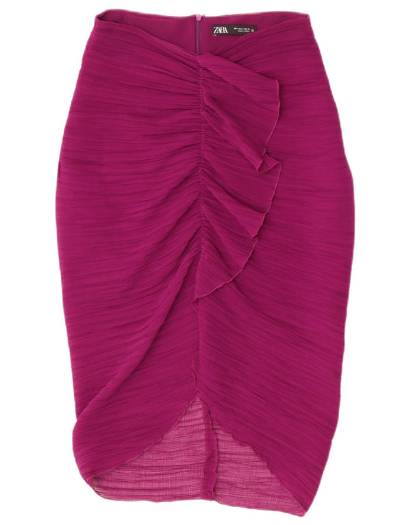 Zara Mujer Falda Midi De Cintura Alta Pequeña W26 Poliéster Morado