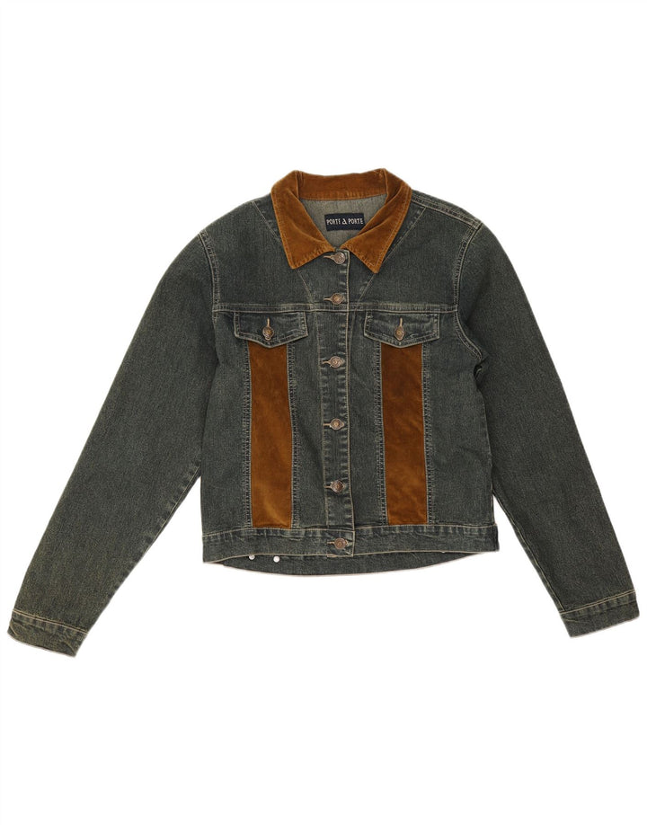 Vintage mujer chaqueta de mezclilla Reino Unido 12 azul medio colorblock algodón