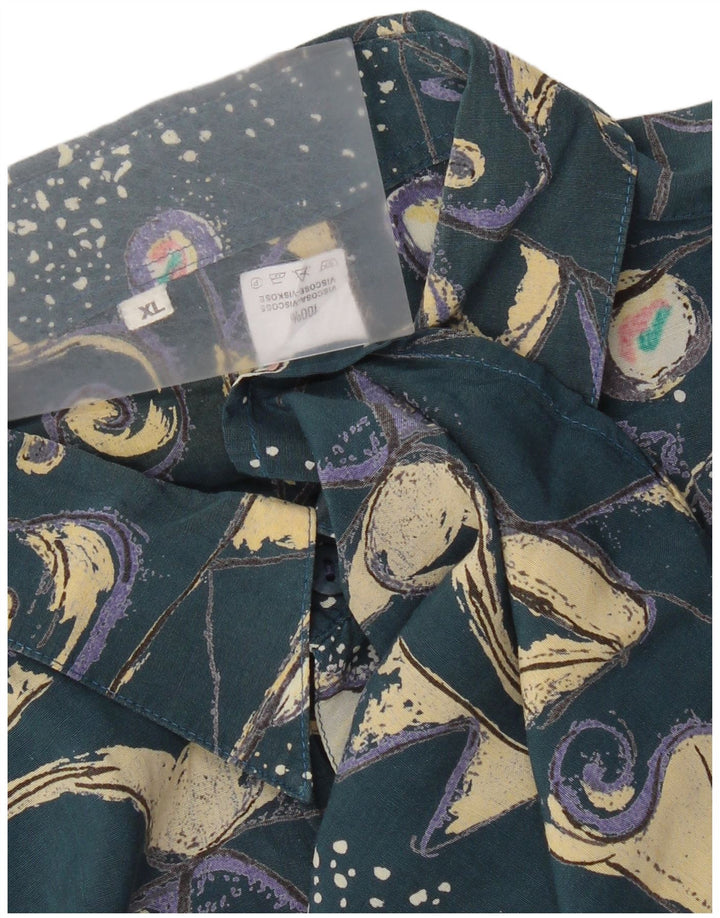 Vintage hombres patrón abstracto camisa de manga corta XL azul viscosa retro