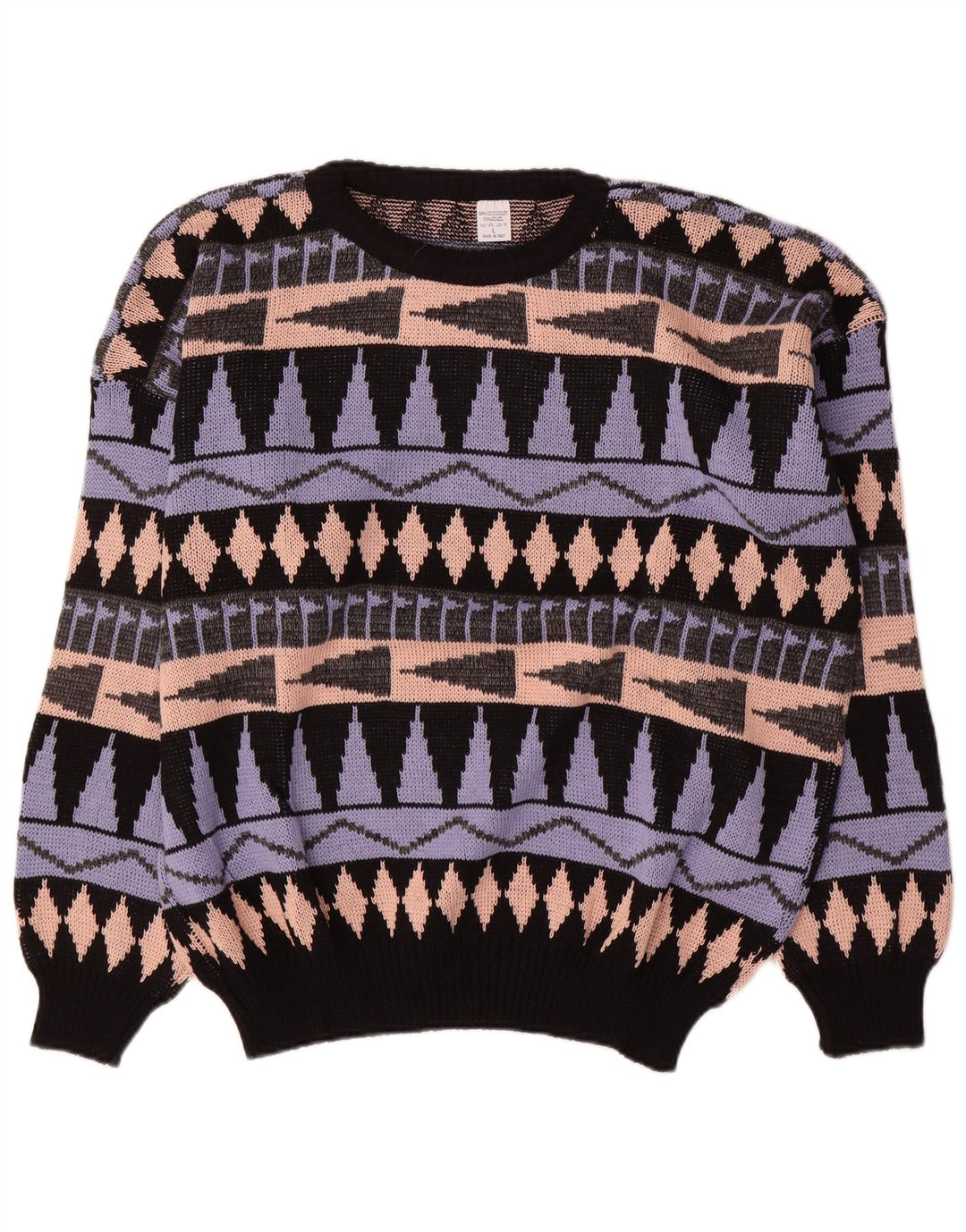 Vintage hombres cuello redondo jersey suéter grande multicolor geométrico acrílico