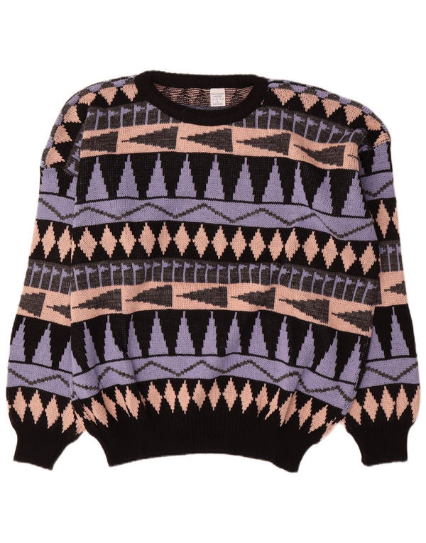 Vintage hombres cuello redondo jersey suéter grande multicolor geométrico acrílico