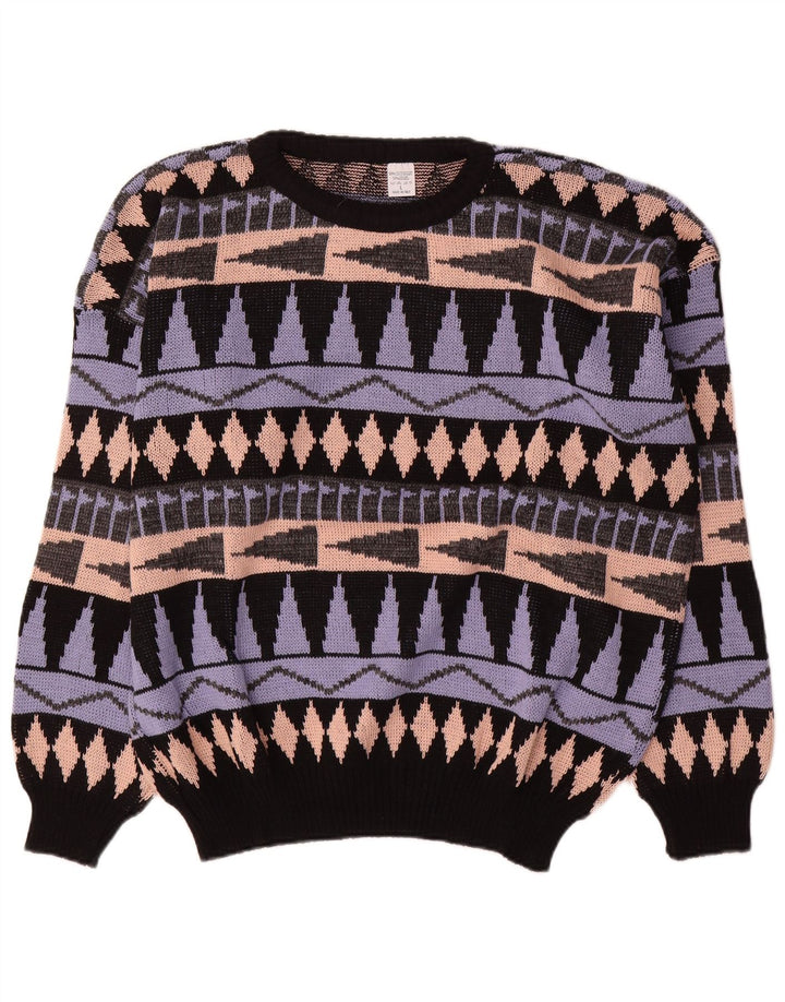 Vintage hombres cuello redondo jersey suéter grande multicolor geométrico acrílico