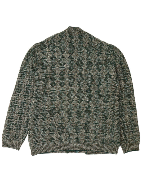 Vintage mujer completo zip cardigan suéter Reino Unido 16 grande verde geométrico