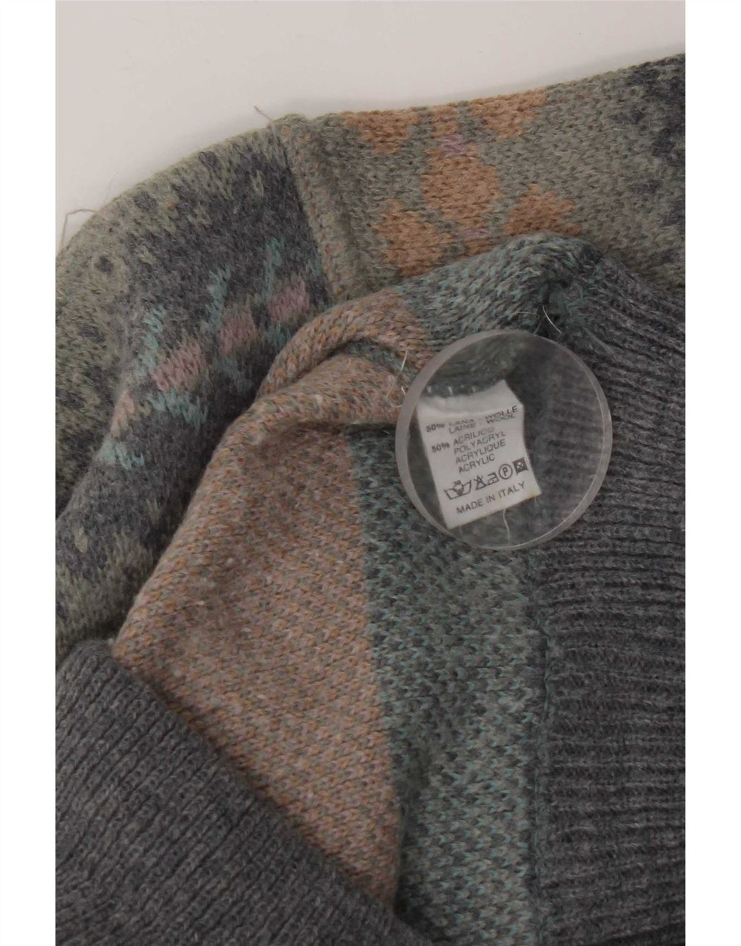 Vintage hombres cuello redondo jersey suéter grande gris feria isla lana