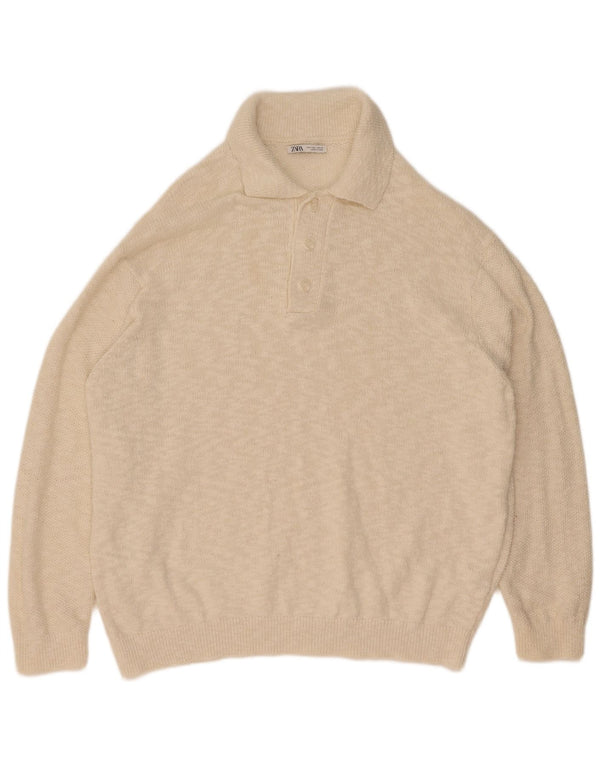 Zara Mens Polo Neck Jumper Sweater Large Off White Flecked Cotton