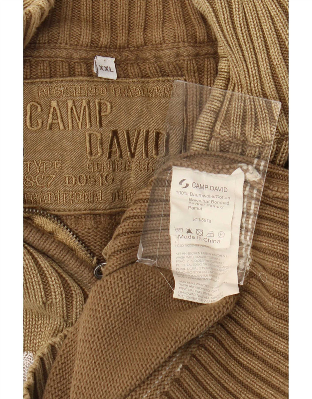 Camp David - Jersey para hombre con cremallera y cuello gráfico, talla 2XL, algodón marrón