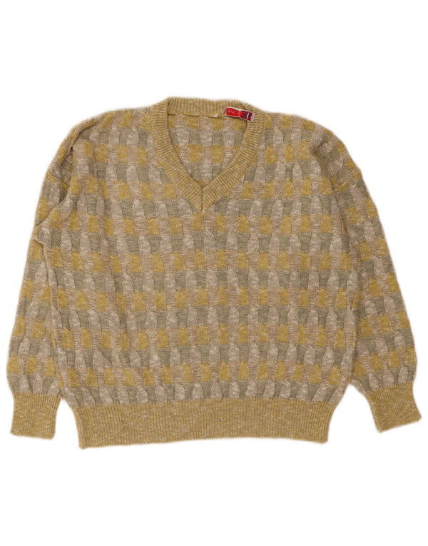 Vintage mujer V-cuello jumper suéter Reino Unido 18 XL lino geométrico amarillo
