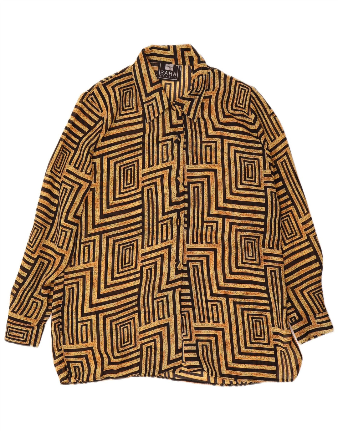 Vintage mujer camisa blusa Reino Unido 14 poliéster geométrico beige grande
