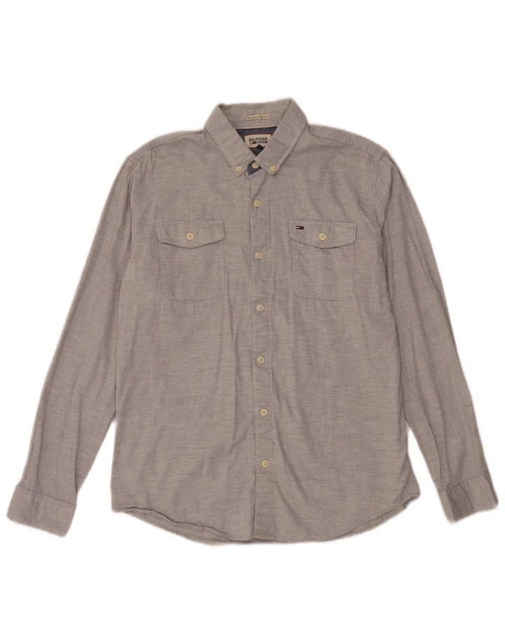 Camisa Tommy Hilfiger para hombre de algodón en espiga gris grande