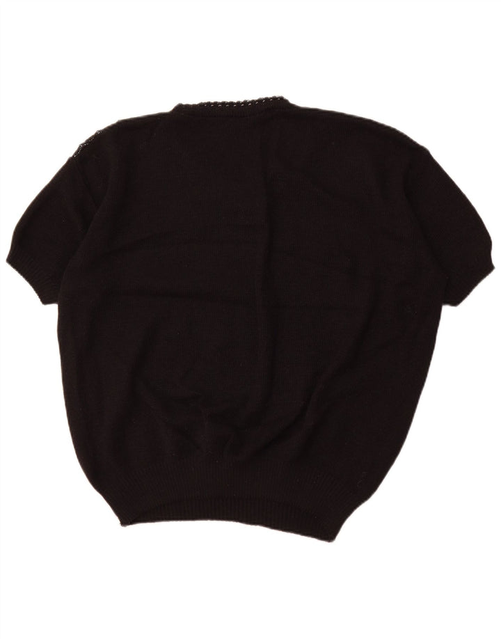 VINTAGE Jersey de manga corta con cuello en V para mujer UK 18 XL Rayas negras