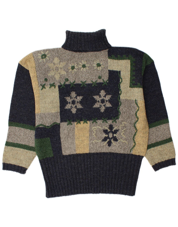 Vintage mujer rollo cuello jersey suéter EU 44 XL azul marino colorblock