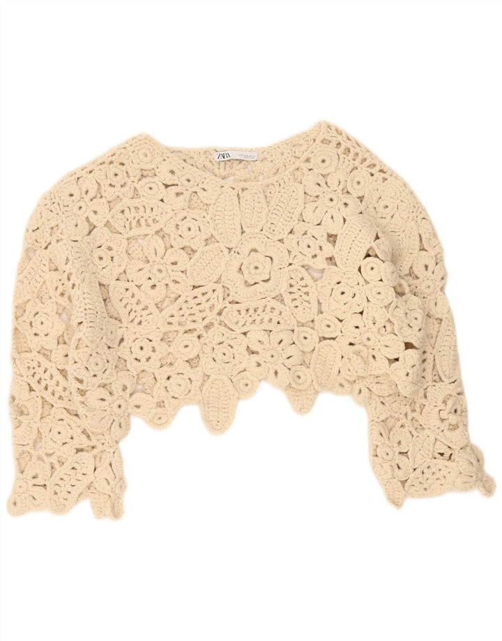 Zara Blusa De Ganchillo De Manga 3/4 De Gran Tamaño para Mujer UK 44 Medium Beige