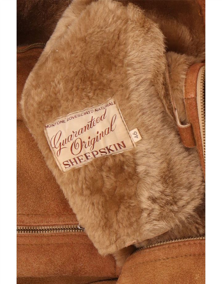 Vintage mujer con capucha chaqueta de piel de oveja IT 46 piel de oveja marrón grande