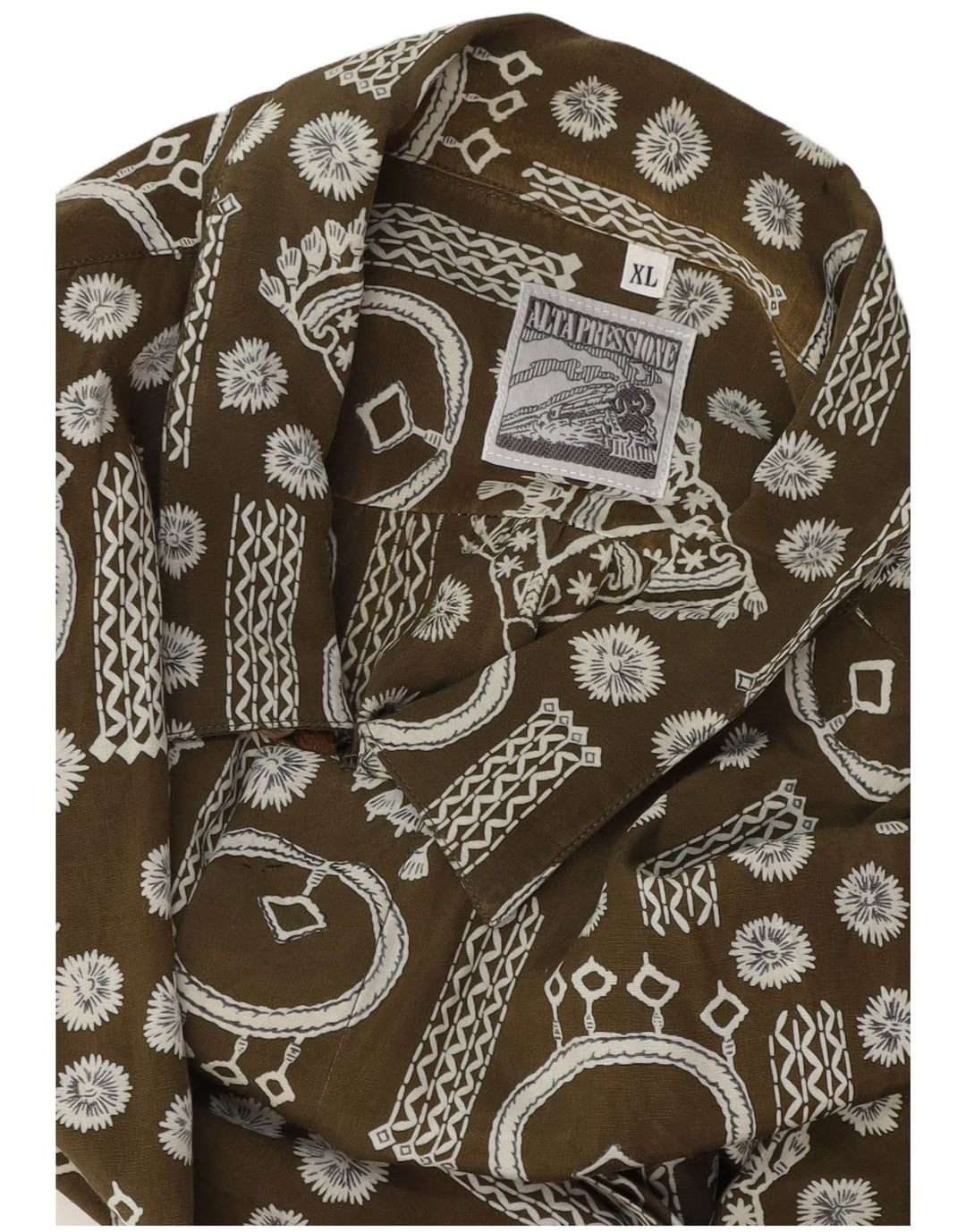 Camisa de manga corta con patrón abstracto vintage para hombre XL Caqui