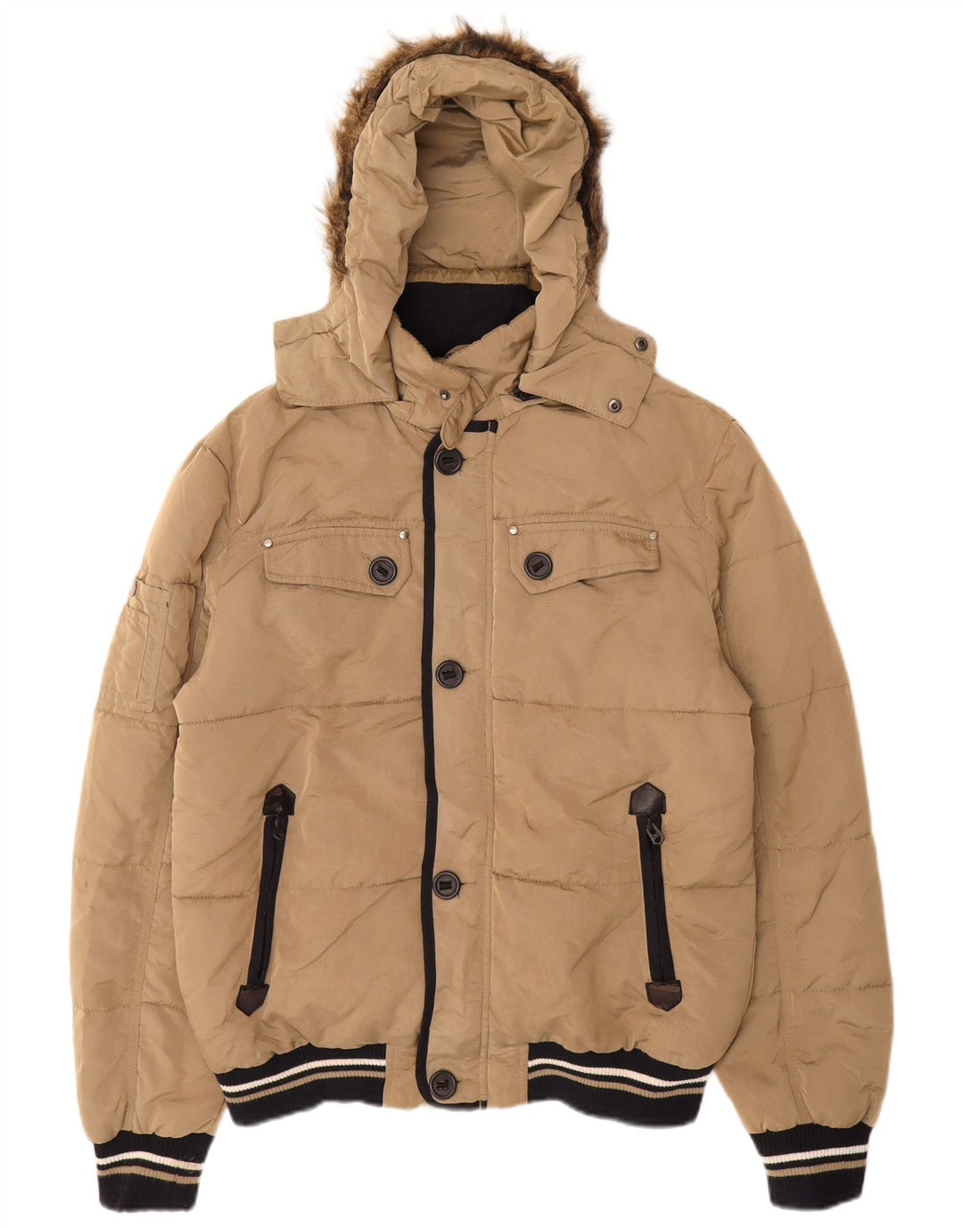 Zara Mens Chaqueta Acolchada Con Capucha UK 40 Large Beige Nylon
