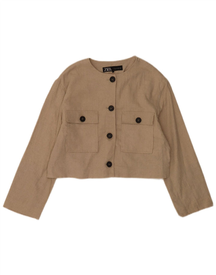 Zara Mujer Crop 4 Botones Blazer Chaqueta UK 44 Medio Beige Poliéster