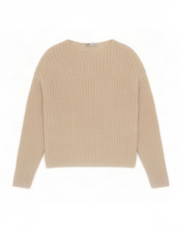 Zara Mujeres Ver A Través De Ganchillo Cuello Barco Jersey Suéter UK 44 Medio Beige