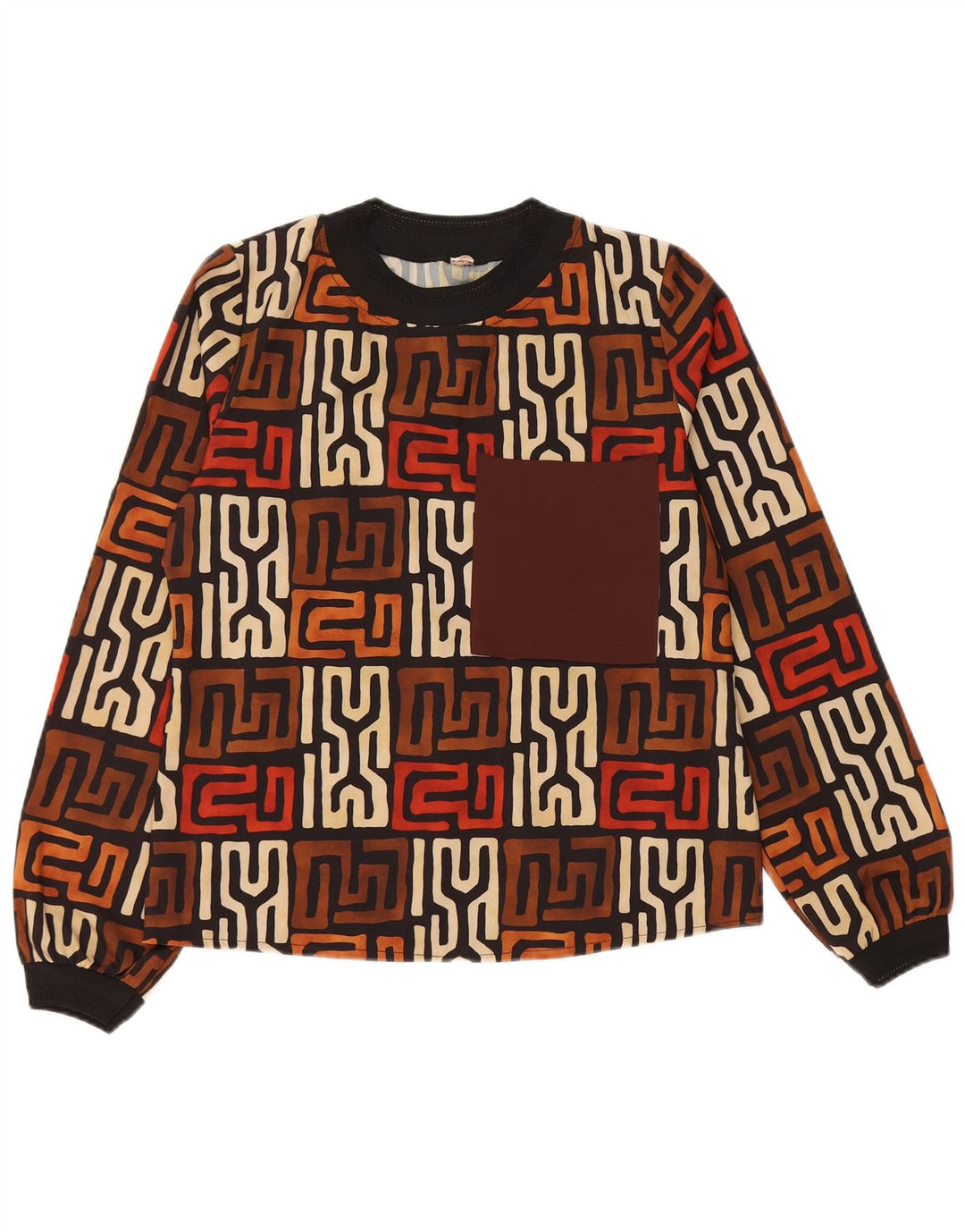 VINTAGE Mujer Top Manga Larga Reino Unido 12 Marrón Medio Geométrico