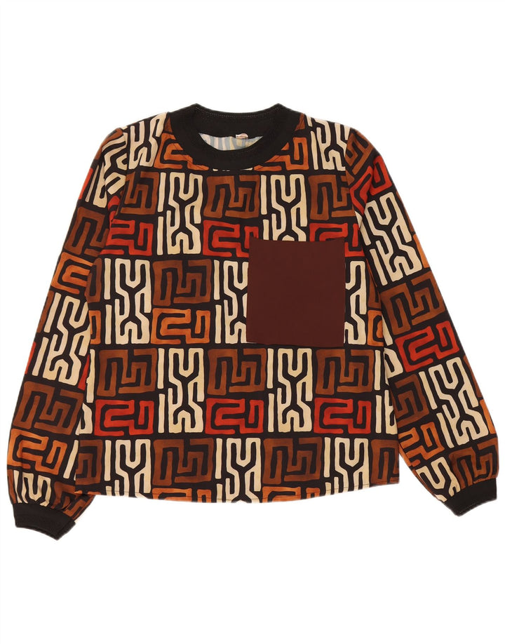 VINTAGE Mujer Top Manga Larga Reino Unido 12 Marrón Medio Geométrico