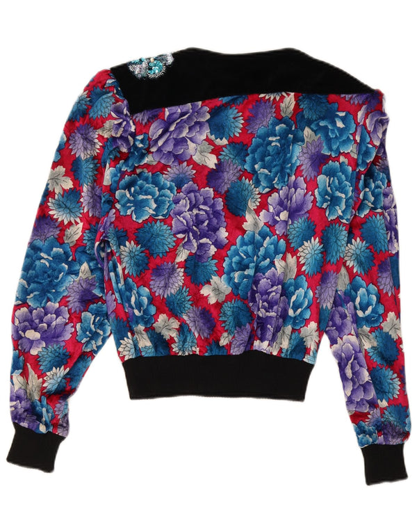 Vintage mujer crop manga larga blusa Top US 10 grande multicolor floral