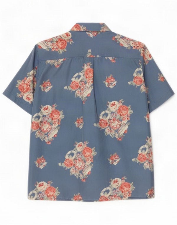 Blusa camisera de manga corta vintage para mujer UK 44 Seda floral azul medio