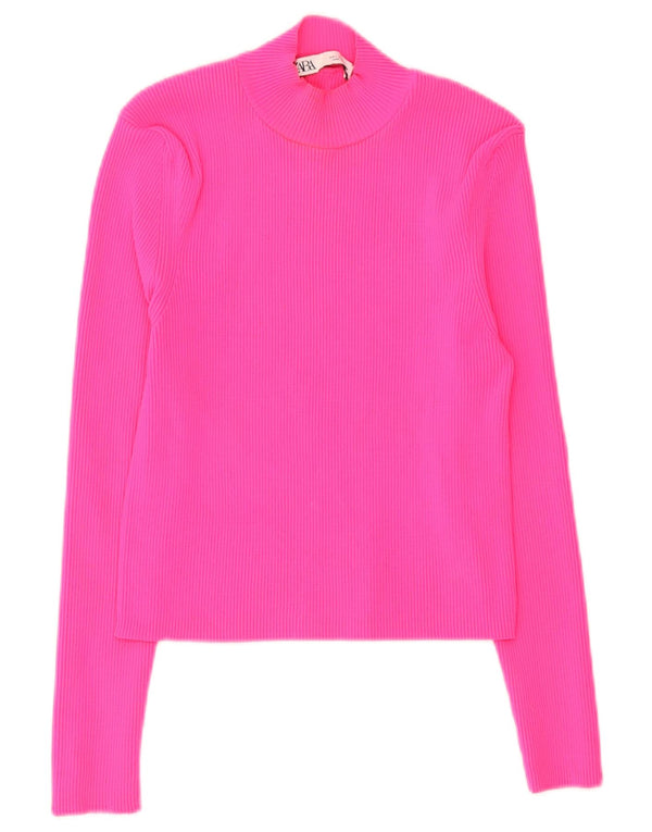 Zara Womens Crop Top Long Sleeve UK 14 Large Pink Polyamide