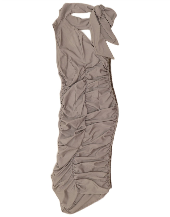 Vintage mujer un hombro vestido Reino Unido 12 medio plata poliamida
