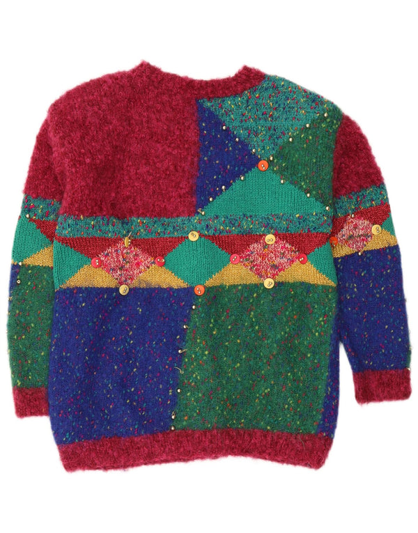 Vintage mujer Cardigan suéter Reino Unido 16 Gran novedad geométrica multicolor