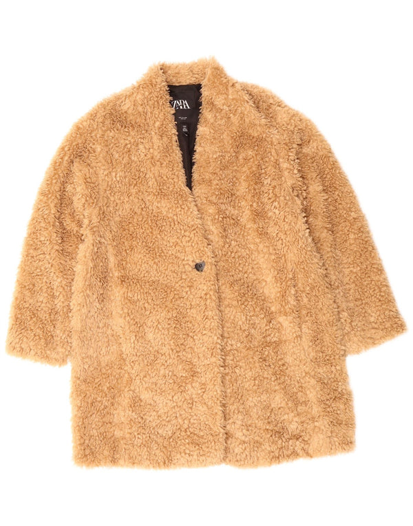 ZARA Abrigo de piel sintética con osito de peluche para mujer UK 46 Grande Poliéster beige