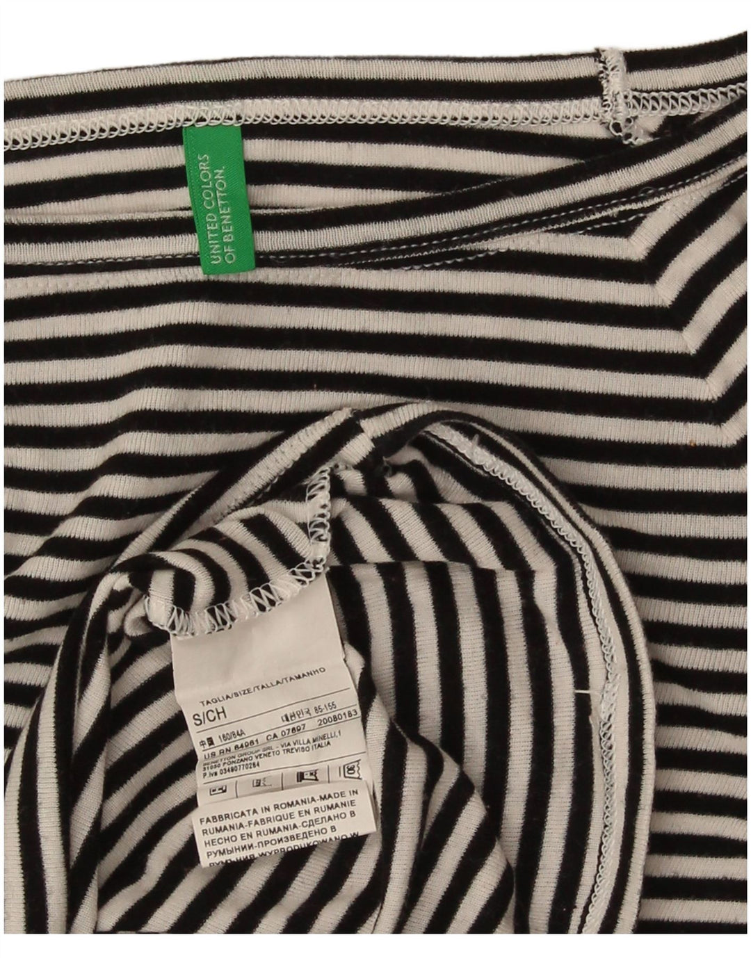 Benetton Top Mujer Manga 3/4 UK 8 Pequeño Algodón A Rayas Negro