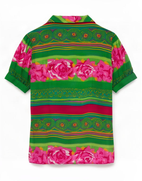 Vintage mujer camisa de manga corta blusa Reino Unido 10 pequeño verde floral
